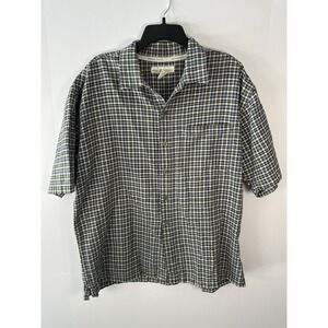 Perry Ellis 100% Cotton Shirt Men's Large Blue Plaid Short Sleeve Button Up